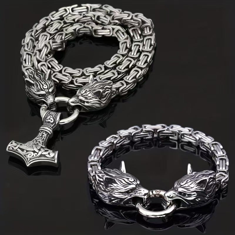 🐺Viking Wolf Head Mjölnir Hammer Jewelry Set ⚡– Stainless steel with Byzantine chain – Bold & durable – perfect for daily wear or gifting ✨💪
