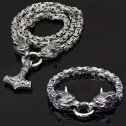 🐺Viking Wolf Head Mjölnir Hammer Jewelry Set ⚡– Stainless steel with Byzantine chain – Bold & durable – perfect for daily wear or gifting ✨💪
