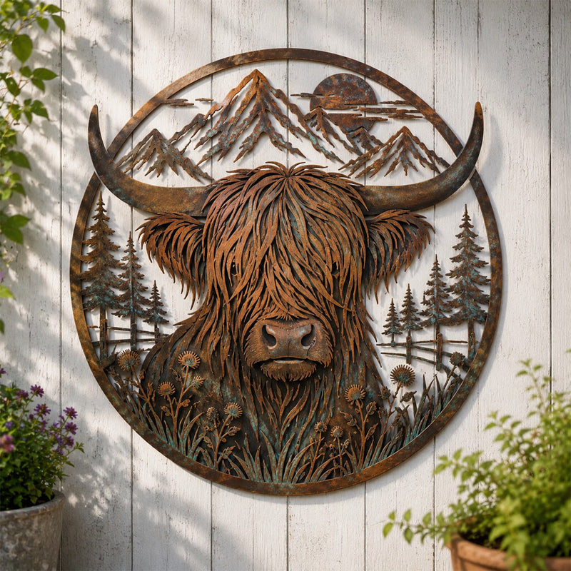 🐂Highland Cow Mountain Scene Metal Wall🏔️