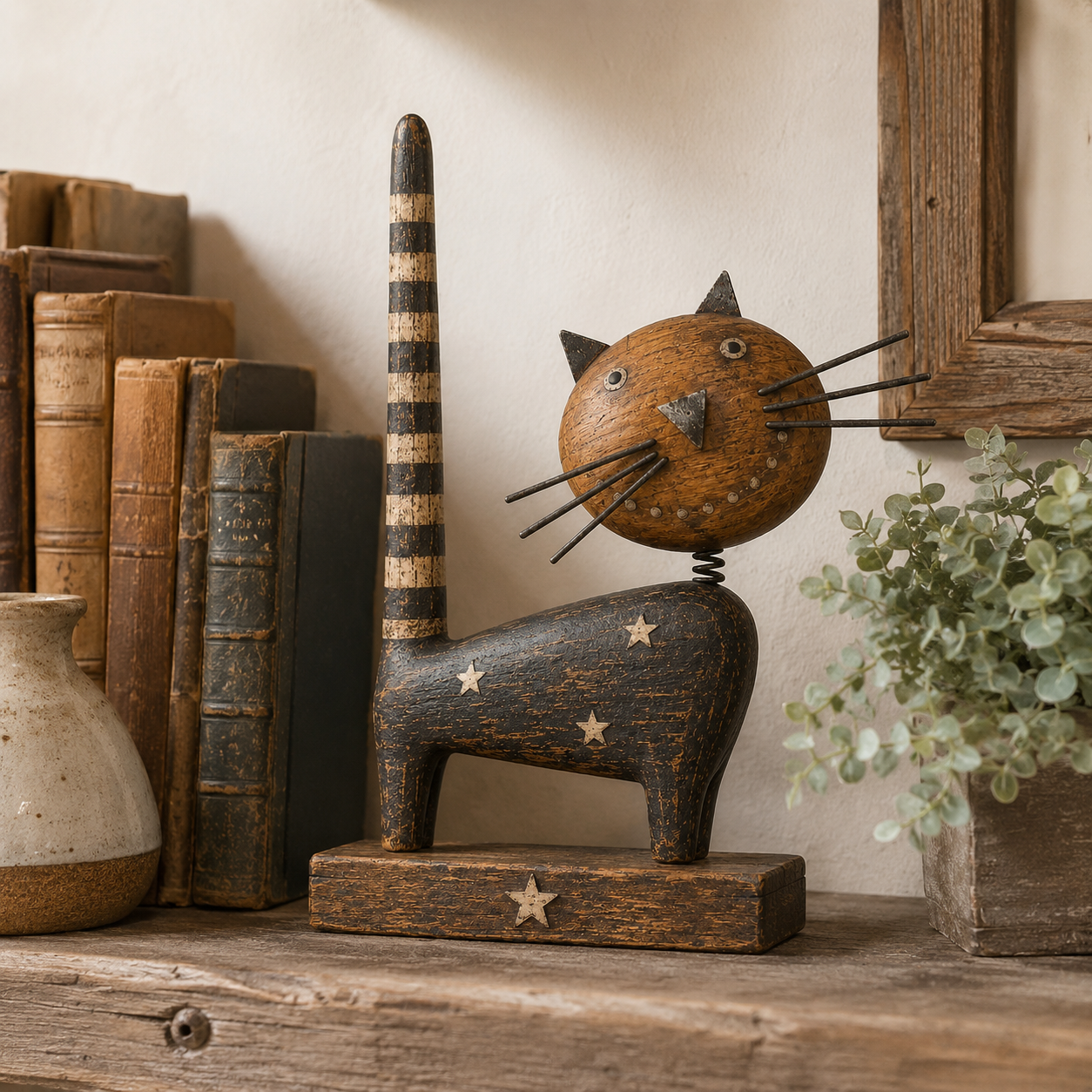 🐈Vintage Primitive Wooden Cat with Metal Accents