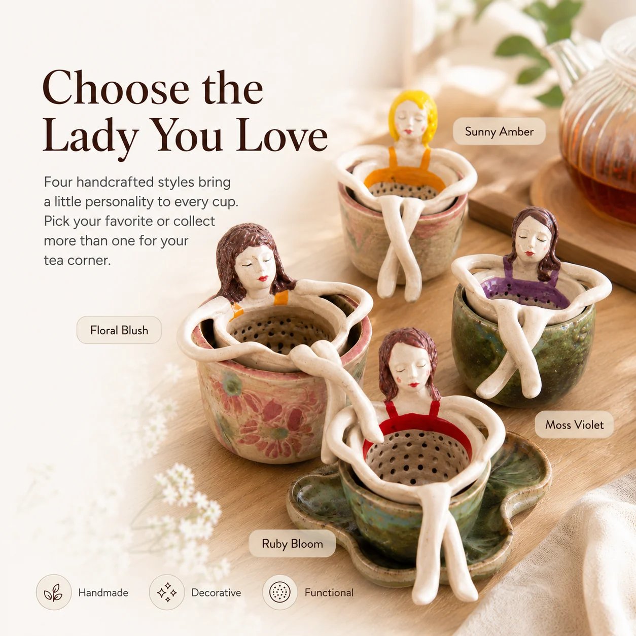 🍵Whimsical Sitting Lady Ceramic Tea Strainer Collection