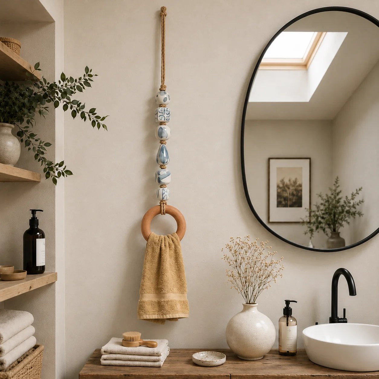 Decorative Beaded Towel Hanger with Wooden Ring