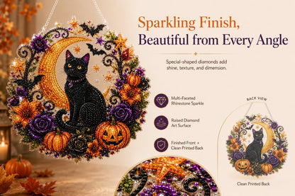 🎃Black Cat Moon Diamond Art Hanging Ornament Kit – Relaxing DIY Halloween Craft 💎