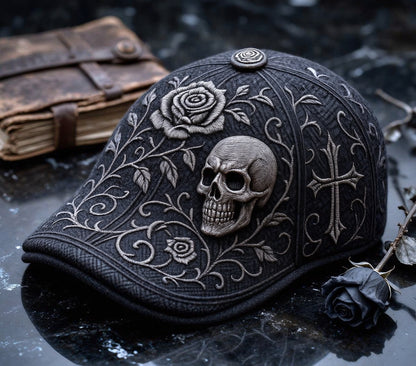 💀Handcrafted Skull & Thorn Flat Cap🎁Buy 2 Free Shipping