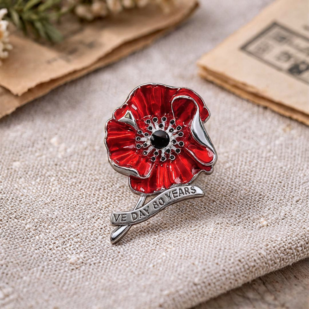 VE Day 80 Red Enamel Poppy Brooch | Limited Edition Anniversary Keepsake