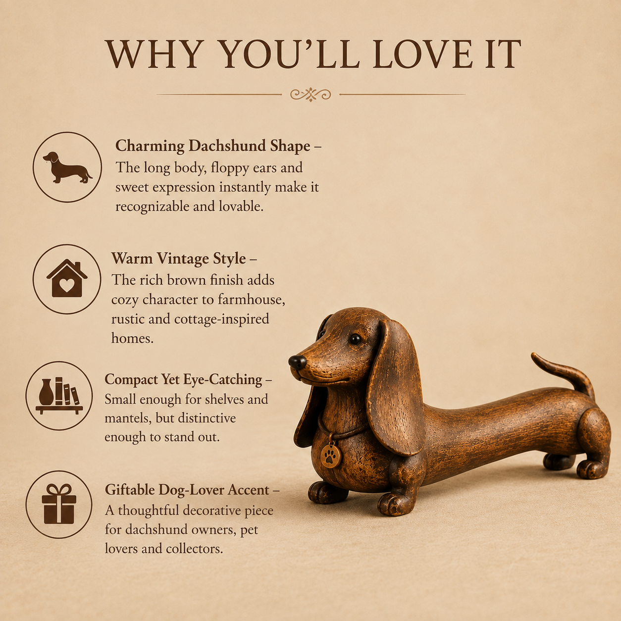 🐾Vintage Dachshund Figurine Rustic Wooden Dog Statue Decor for Dog Lovers