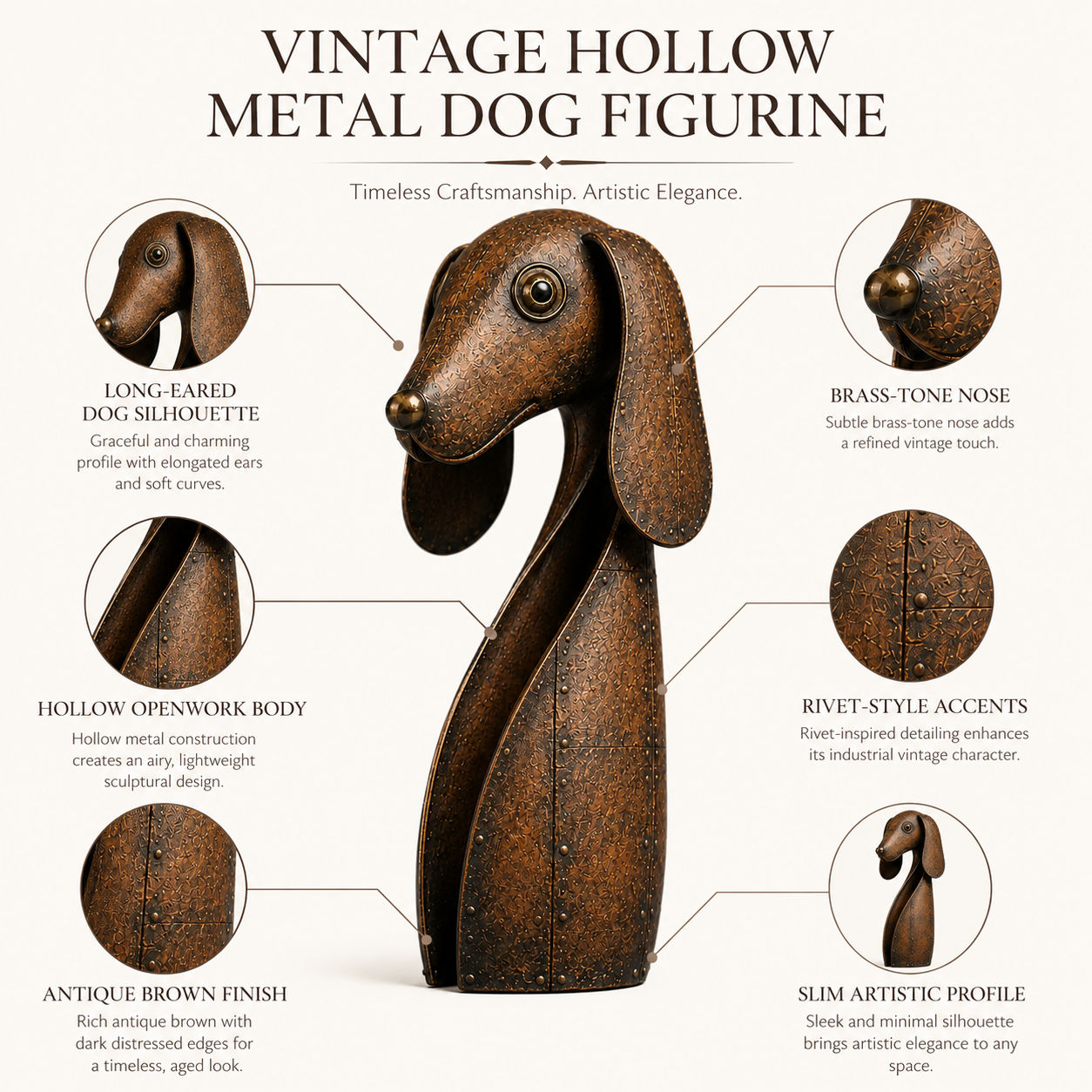 🐕Vintage Brown Hollow Metal Dog Figurine