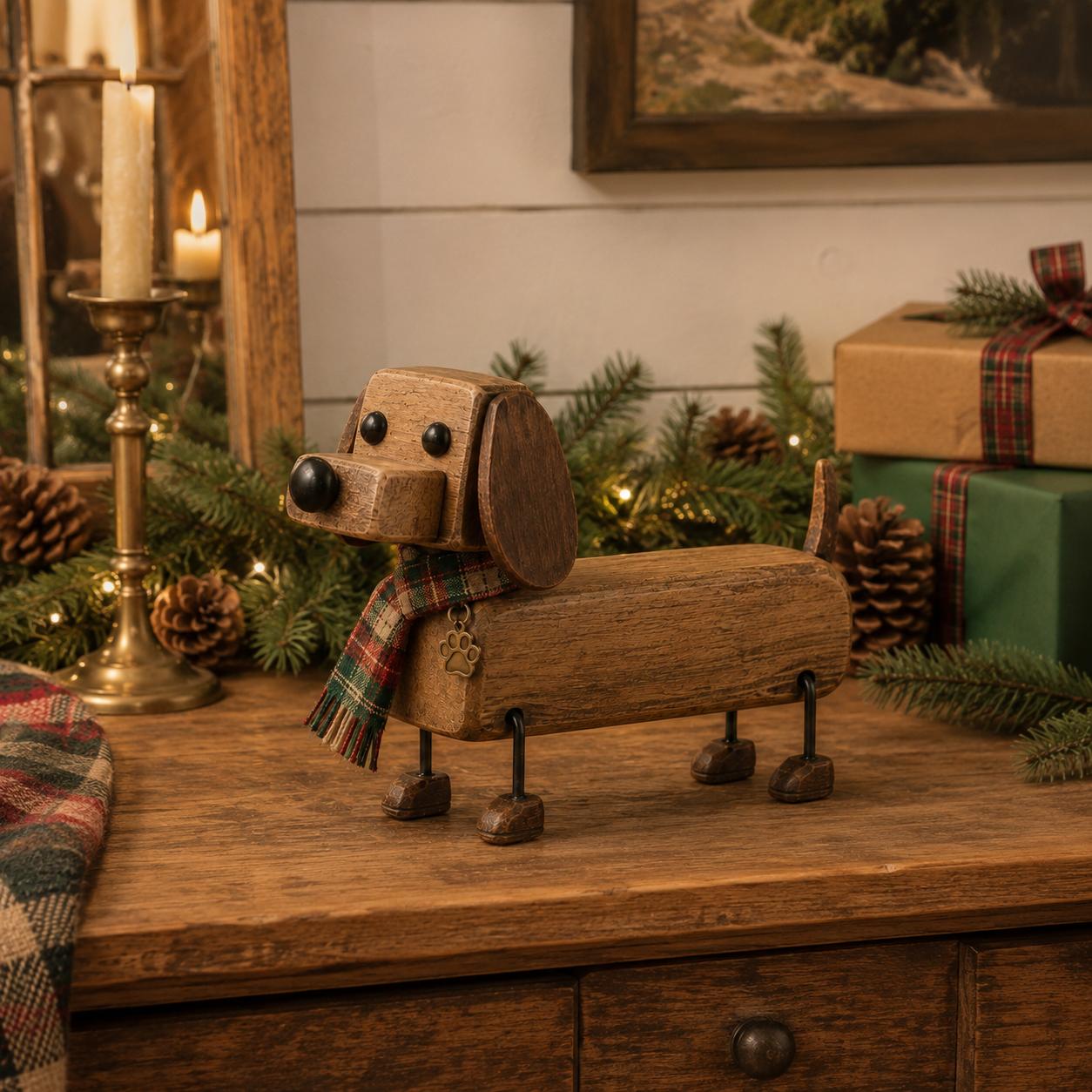 ✨Rustic Wooden Christmas Dachshund Figurine