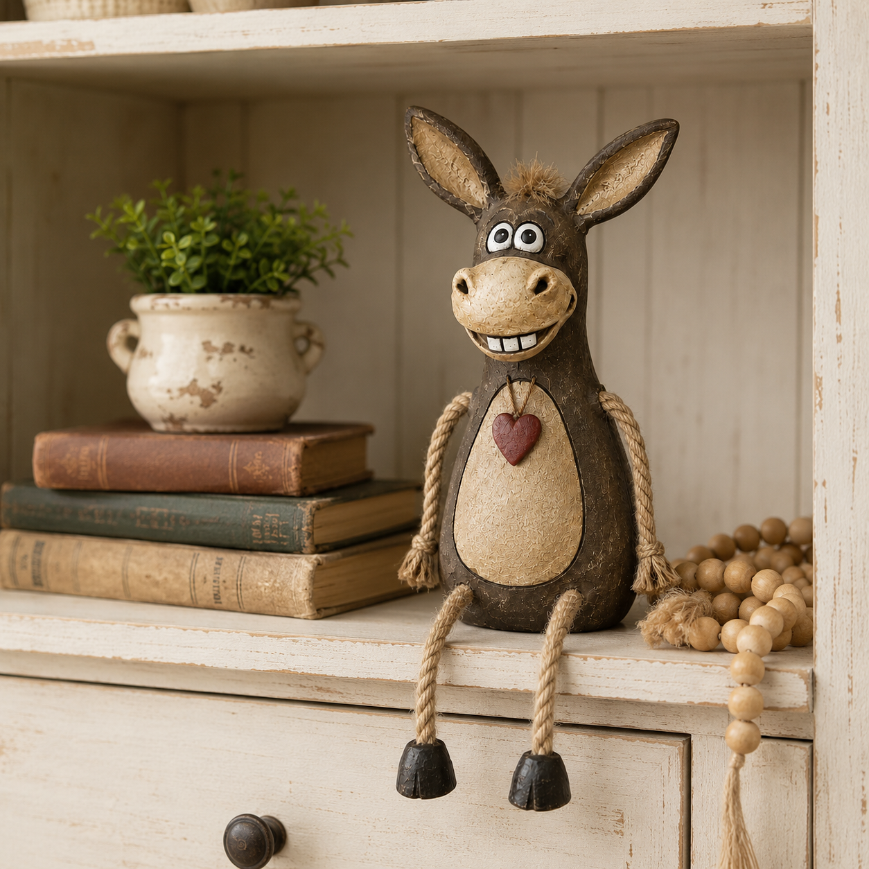 Rustiek figuurtje van een ezel op een plank met hangende touwbenen