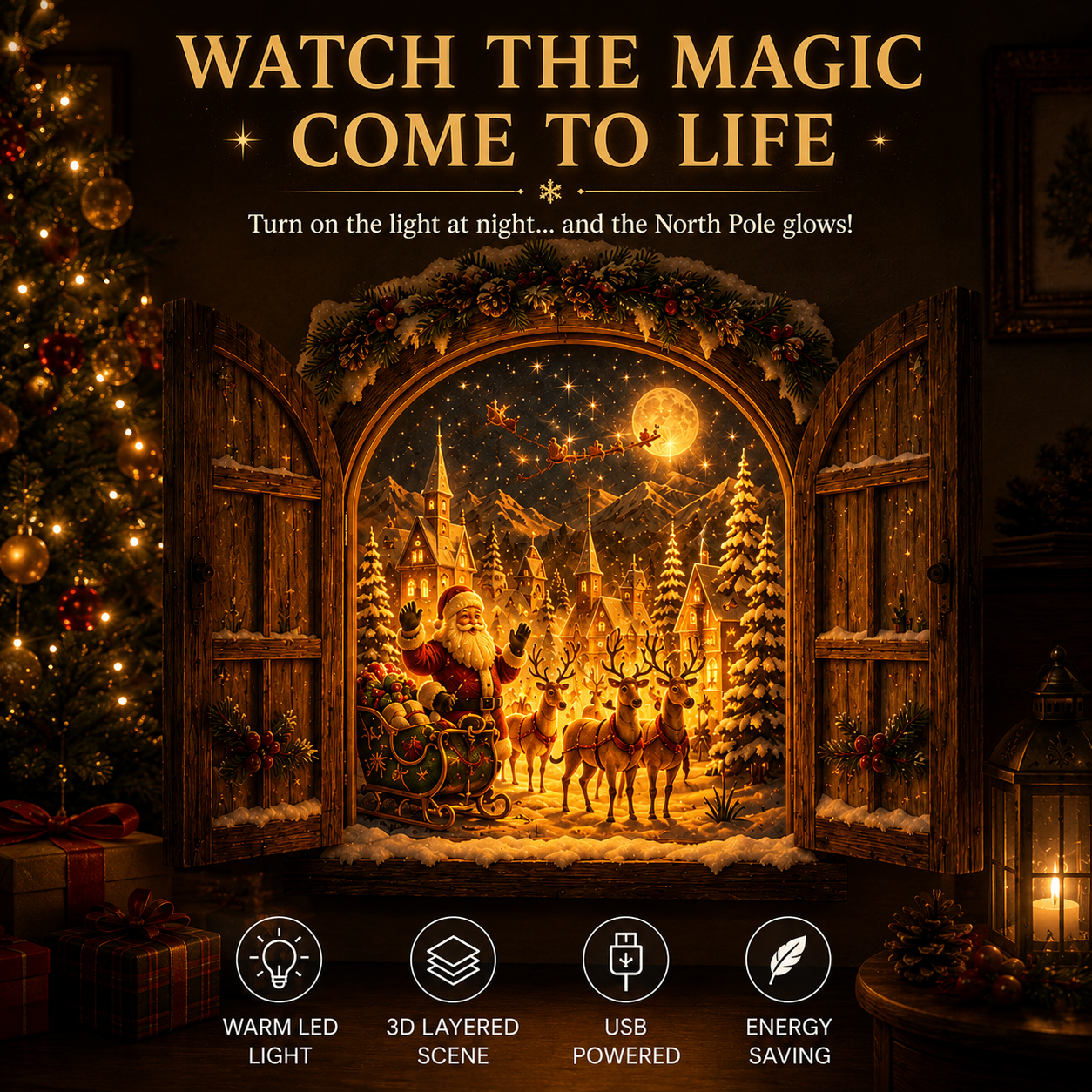 🎄Santa’s Secret Window Light – 3D Lighted North Pole Christmas Wall Decor🎅