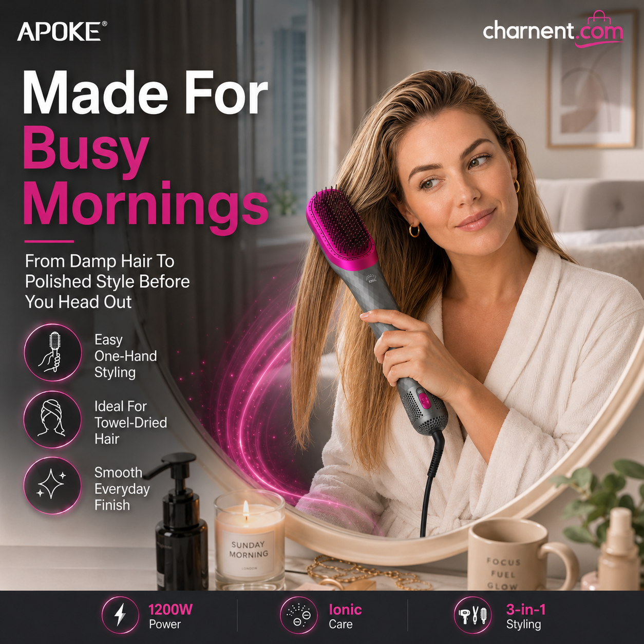 3-in-1 Hot Air Hair Brush and Curler—Quick Curling Wand and Electric Straightening Brush