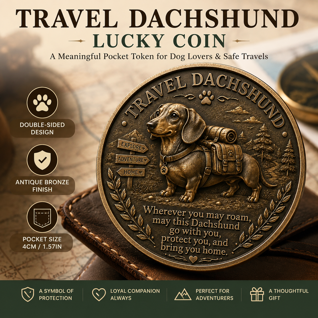 🏆🐾 Travel Dachshund Lucky Coin | 3D Relief Edition ⭐⭐⭐⭐⭐