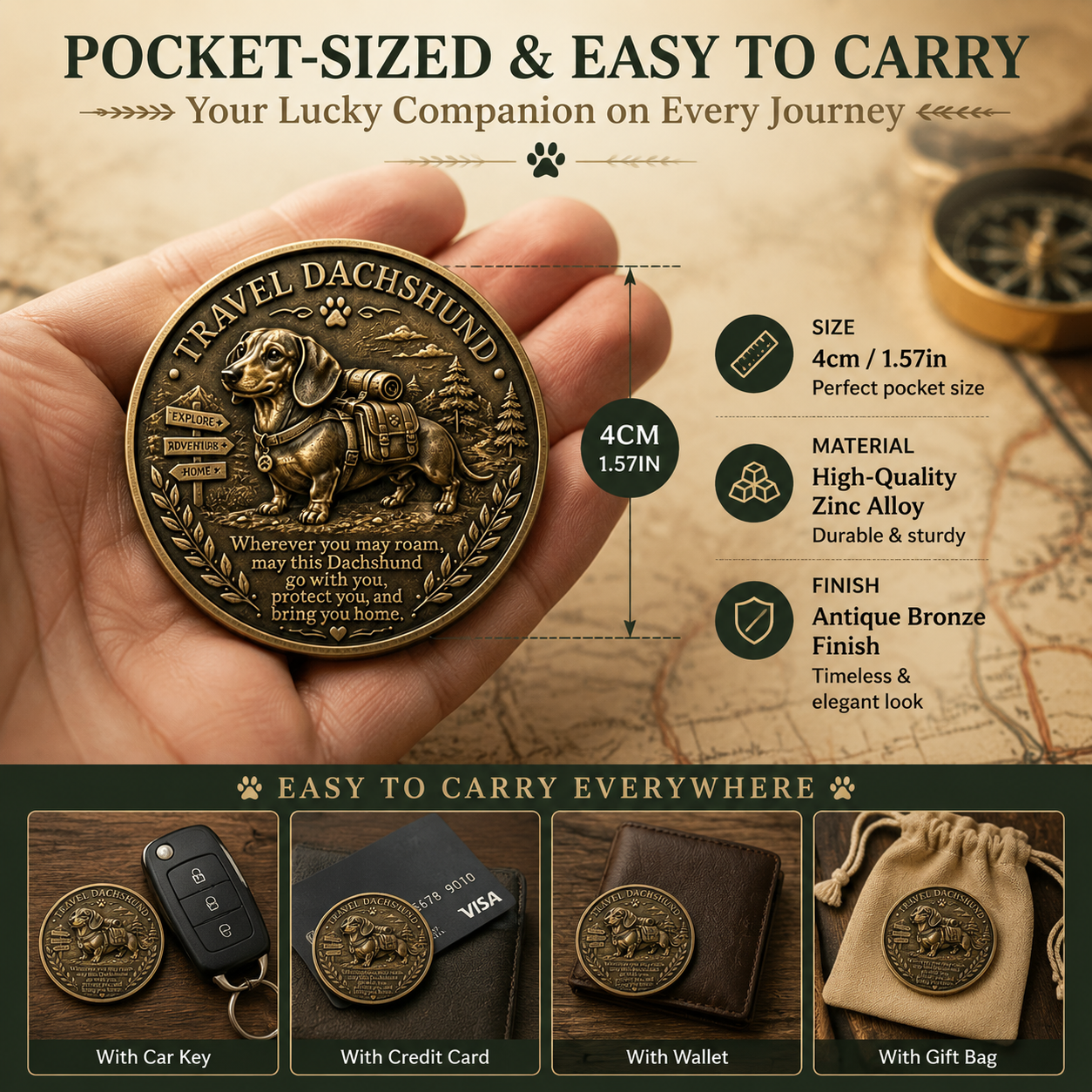🏆🐾 Travel Dachshund Lucky Coin | 3D Relief Edition ⭐⭐⭐⭐⭐