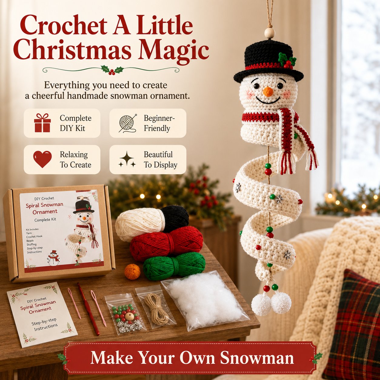 ☃️DIY Christmas Spiral Crochet Ornament Kit  | Complete Beginner-Friendly Set with Soft Yarn, Crochet Hook, Festive Beads, Snowflakes & Step-by-Step Guide 🧶🎄