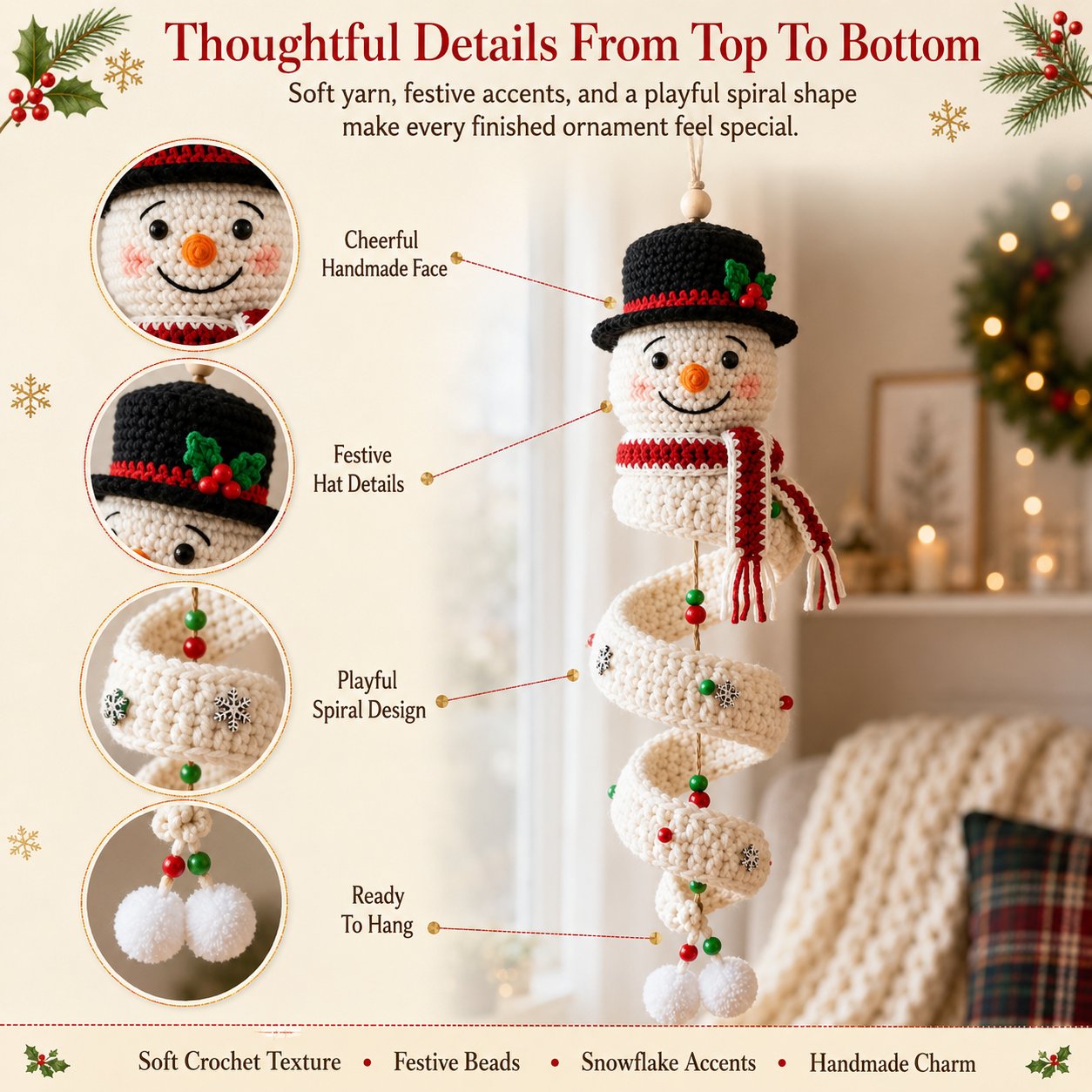 ☃️DIY Christmas Spiral Crochet Ornament Kit  | Complete Beginner-Friendly Set with Soft Yarn, Crochet Hook, Festive Beads, Snowflakes & Step-by-Step Guide 🧶🎄
