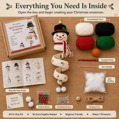 ☃️DIY Christmas Spiral Crochet Ornament Kit  | Complete Beginner-Friendly Set with Soft Yarn, Crochet Hook, Festive Beads, Snowflakes & Step-by-Step Guide 🧶🎄