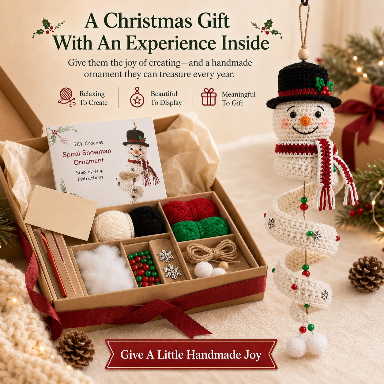 ☃️DIY Christmas Spiral Crochet Ornament Kit  | Complete Beginner-Friendly Set with Soft Yarn, Crochet Hook, Festive Beads, Snowflakes & Step-by-Step Guide 🧶🎄