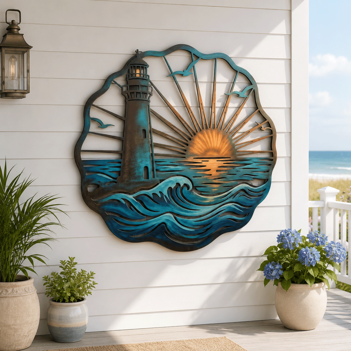 🌅 Golden Harbour Lighthouse Mural – Vintage Coastal-Style Metal Wall Decoration⚓