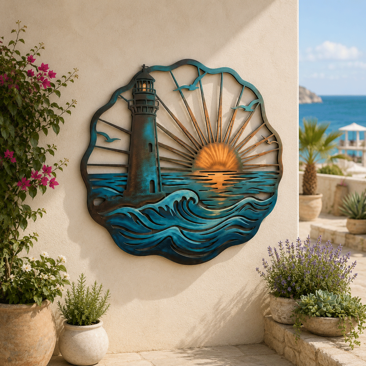 🌅 Golden Harbour Lighthouse Mural – Vintage Coastal-Style Metal Wall Decoration⚓