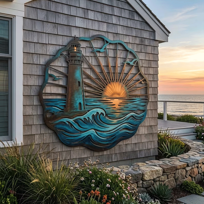 🌅 Golden Harbour Lighthouse Mural – Vintage Coastal-Style Metal Wall Decoration⚓