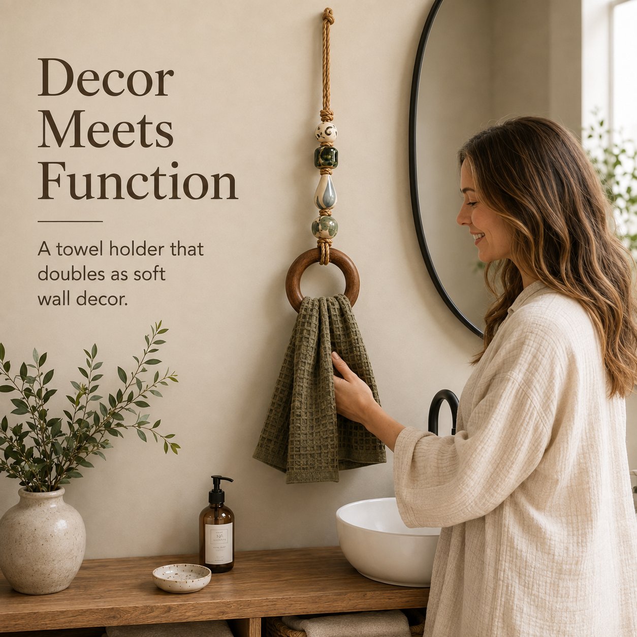Decorative Beaded Towel Hanger with Wooden Ring
