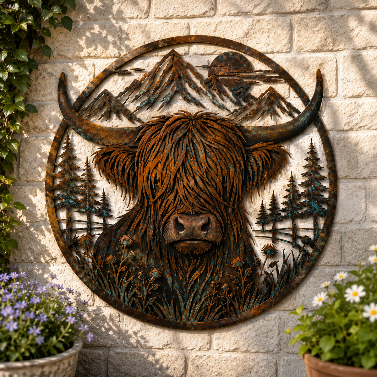 🐂Highland Cow Mountain Scene Metal Wall🏔️