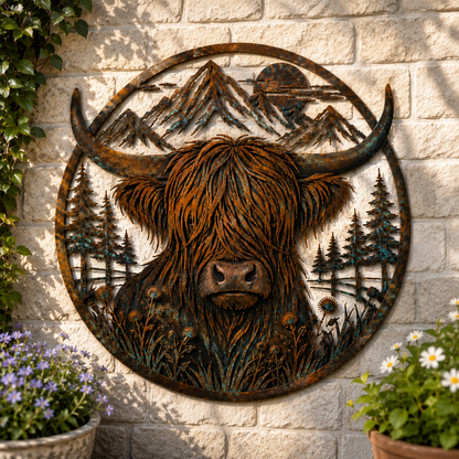 🐂Highland Cow Mountain Scene Metal Wall🏔️
