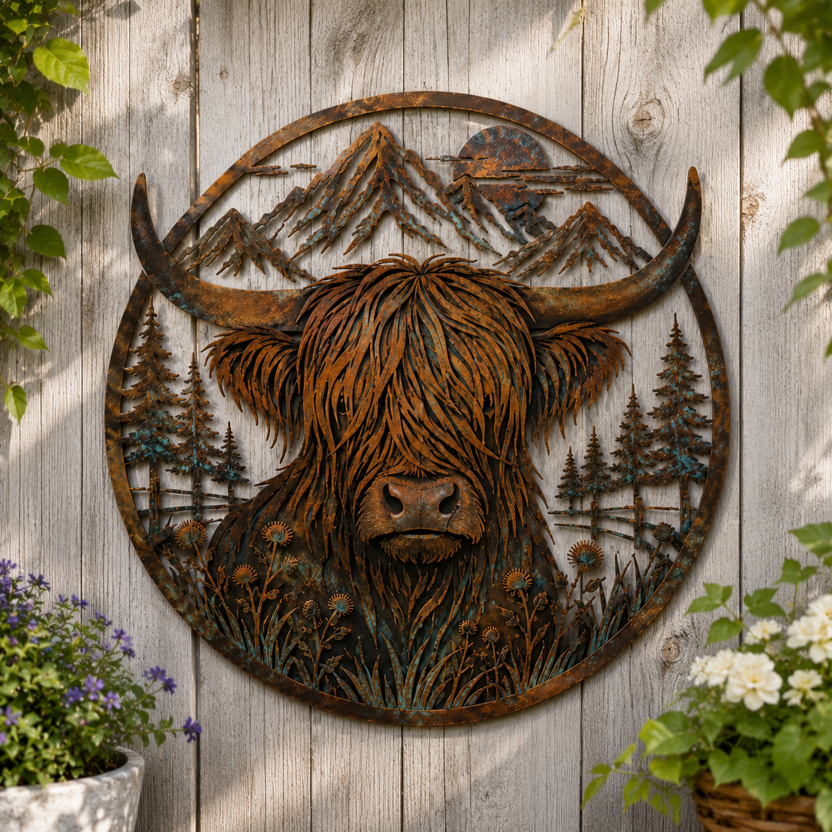 🐂Highland Cow Mountain Scene Metal Wall🏔️