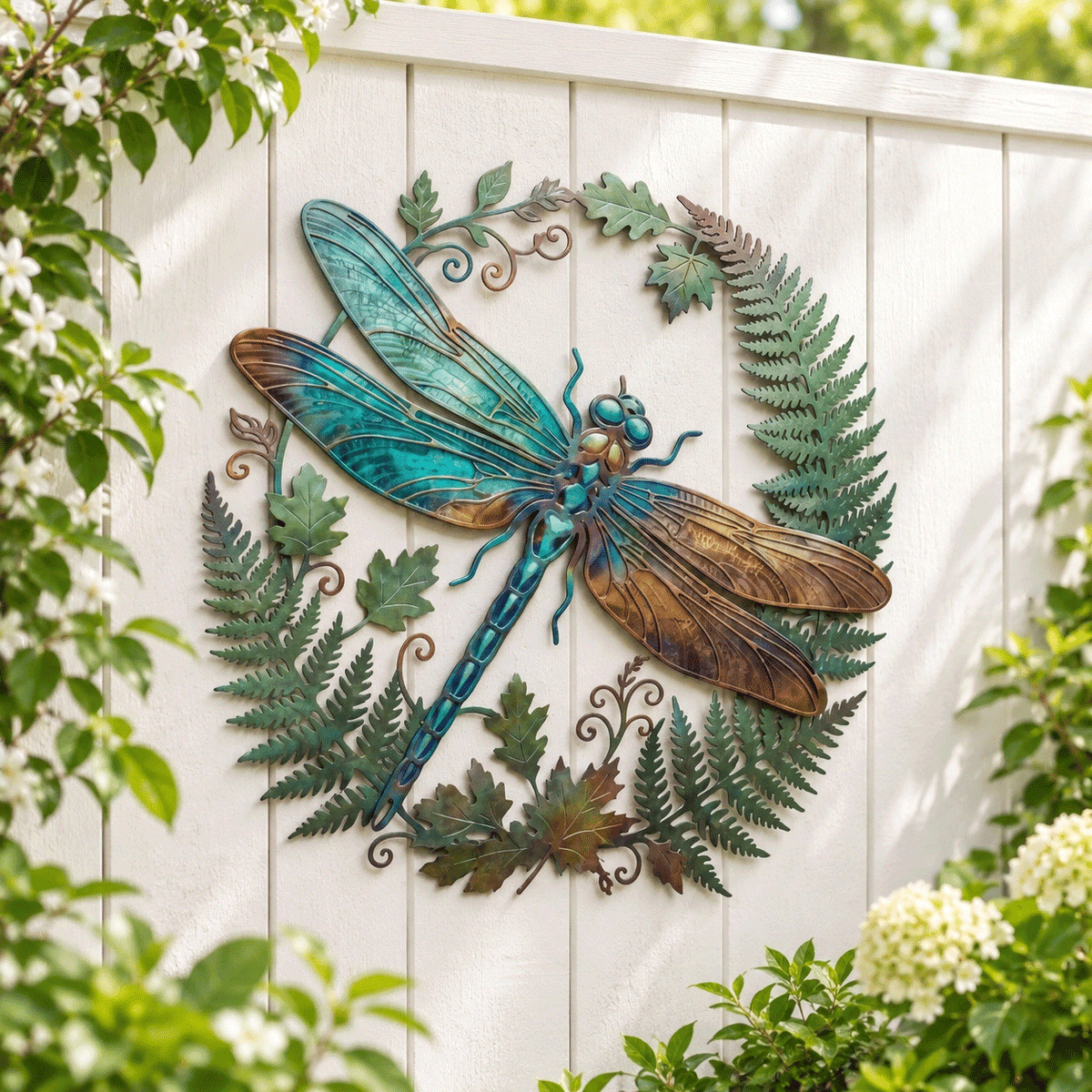 🍃‘Emerald Vines and Perched Dragonflies’ Wall Art – Vintage Pastoral-Style Metal Wall Decoration