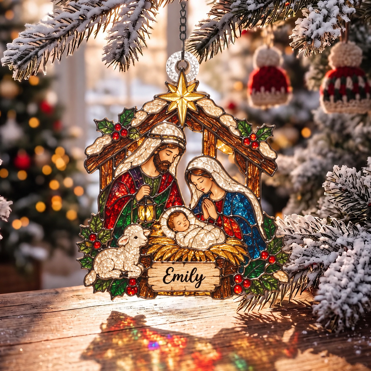 🌈Personalized Christmas-themed Stained Glass Ornament – ‘Sun Catcher’ tree decoration with space to write a name