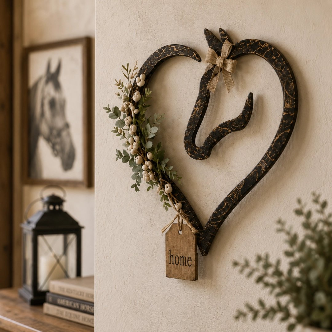 💖Rustic Horse Heart Wall Decor with Greenery – Farmhouse Equestrian Home Accent
