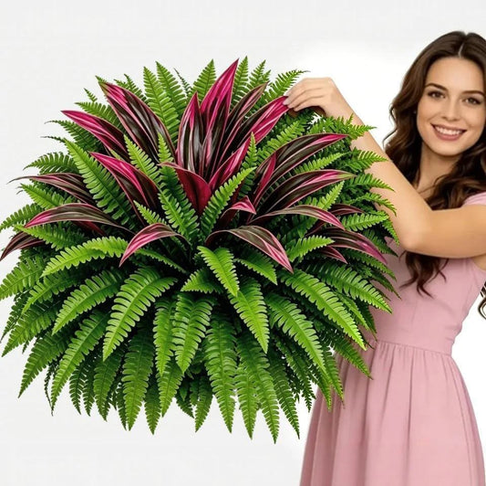 🌿 UV-resistant artificial ferns & red dragon trees – Full, lush, and colorfast!