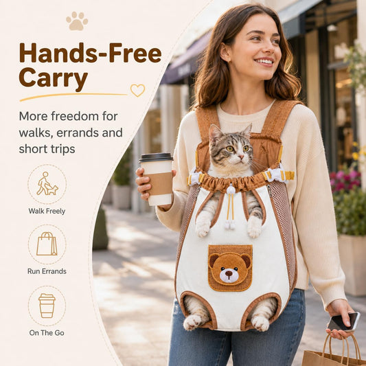 Cute Bear Design Front Pet Carrier Backpack -- Breathable Adjustable Hands-Free Travel Chest Bag