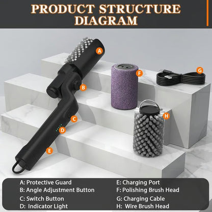 (Fri leverans) 🔥 Elektrisk grillborste, trådlös laddning, borsthuvud i rostfritt stål, två rengöringsborsthuvuden, justerbar vinkel