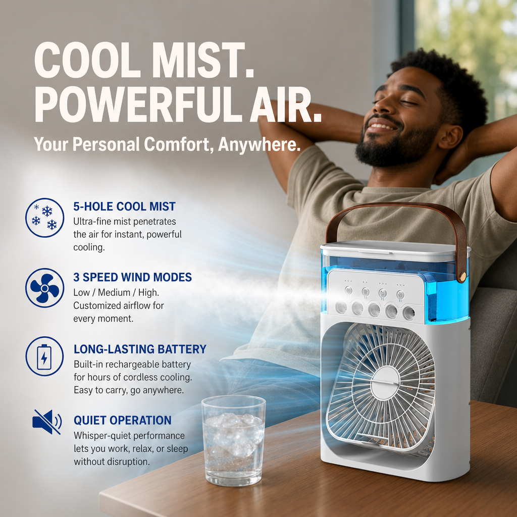❄️ Multi-Functional Mist Cooling Fan with Ambient Light