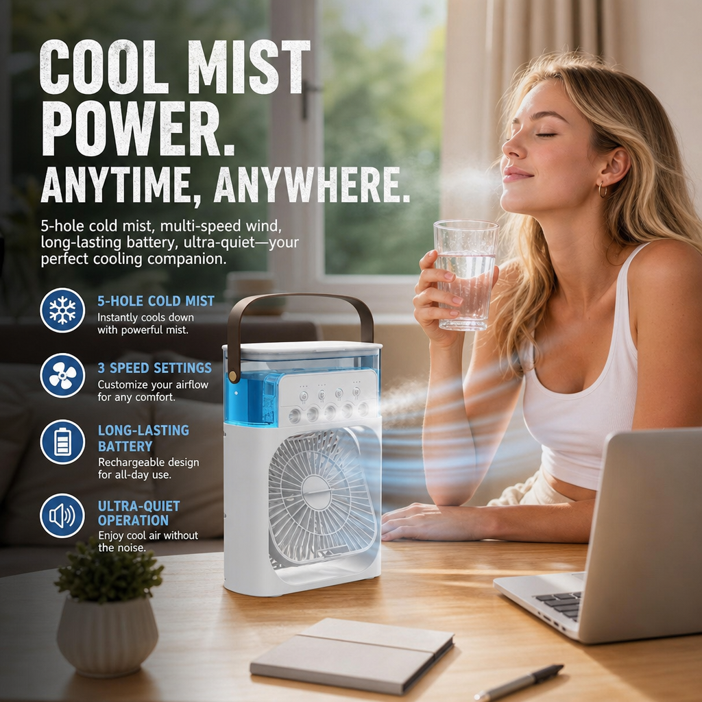❄️ Multi-Functional Mist Cooling Fan with Ambient Light