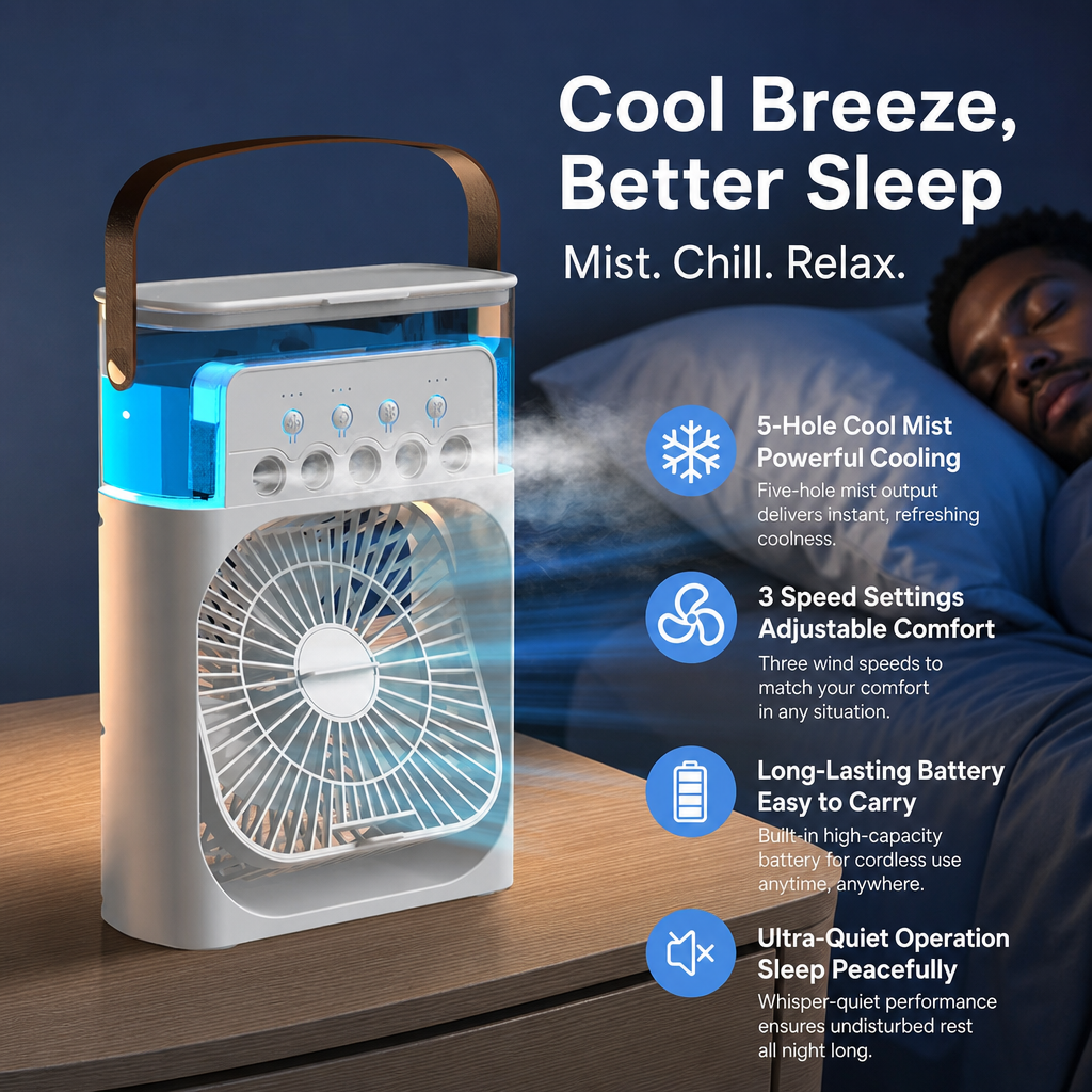 ❄️ Multi-Functional Mist Cooling Fan with Ambient Light