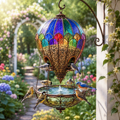 🎈🐦 Stained Glass Hot Air Balloon Bird Feeder — feed, sip, and perch all in one garden showpiece