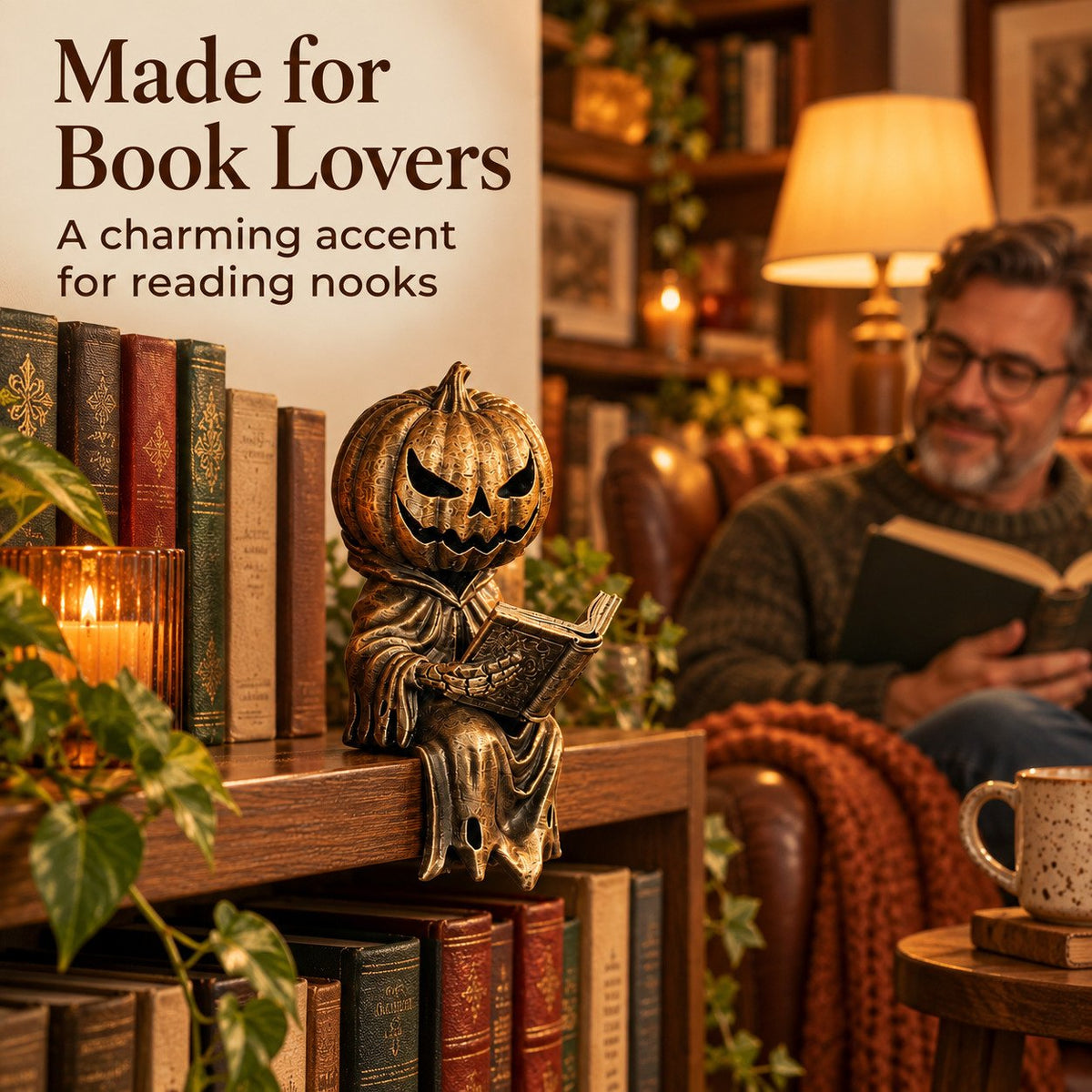 🎃Reading Pumpkin Shelf Sitter Cozy Halloween Bookshelf Decor for Book Lovers