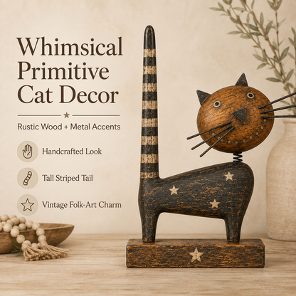 🐈Vintage Primitive Wooden Cat with Metal Accents