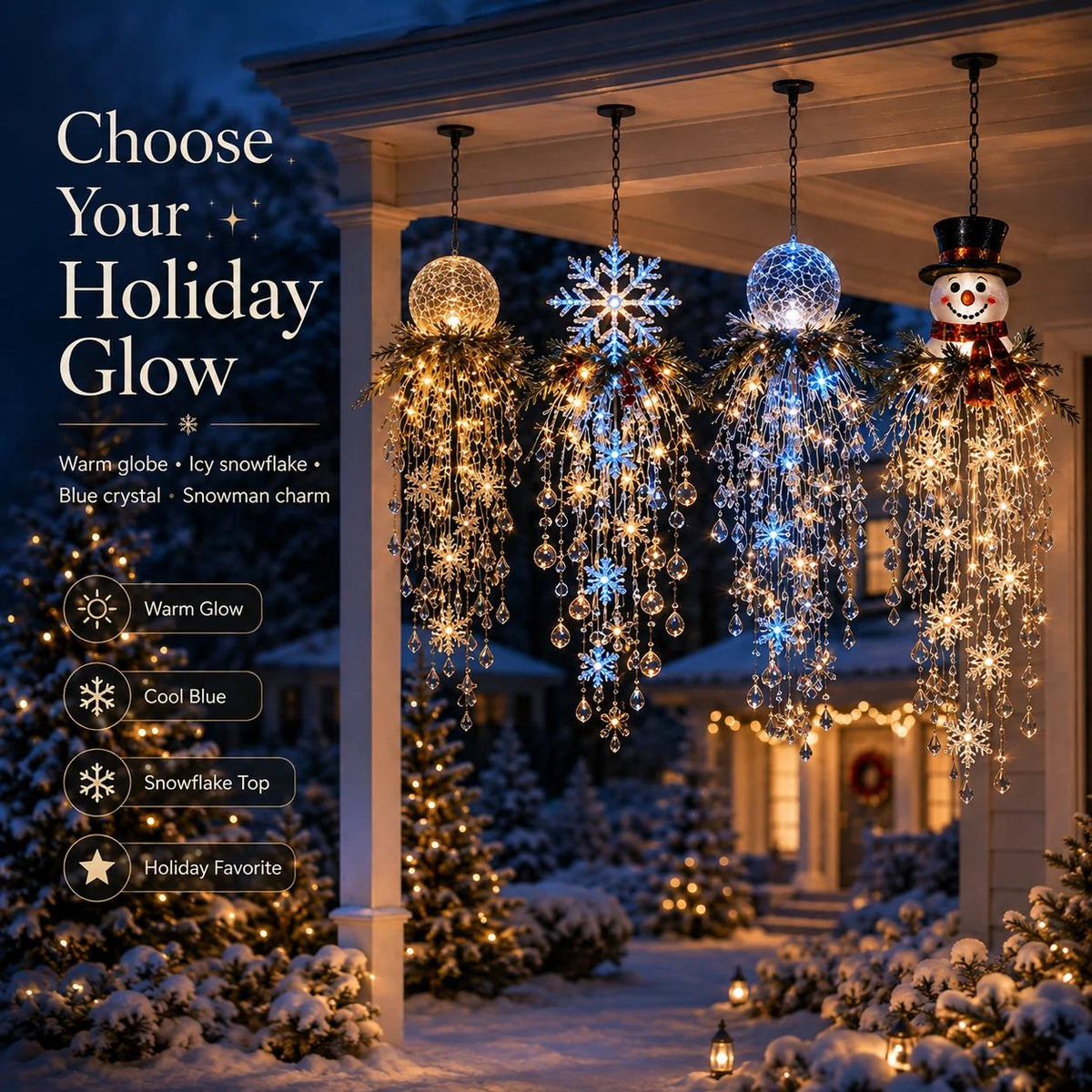❄️Crystal Cascade Christmas Lights – Hanging LED Veranda Decorations: Snowflakes & Crystals ✨
