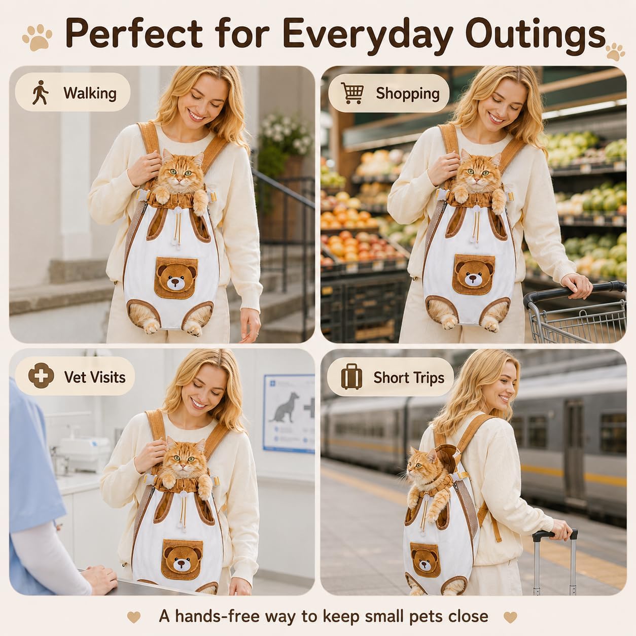 Cute Bear Design Front Pet Carrier Backpack -- Breathable Adjustable Hands-Free Travel Chest Bag