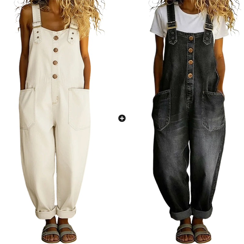 Loose-fitting denim dungarees for women with pockets
