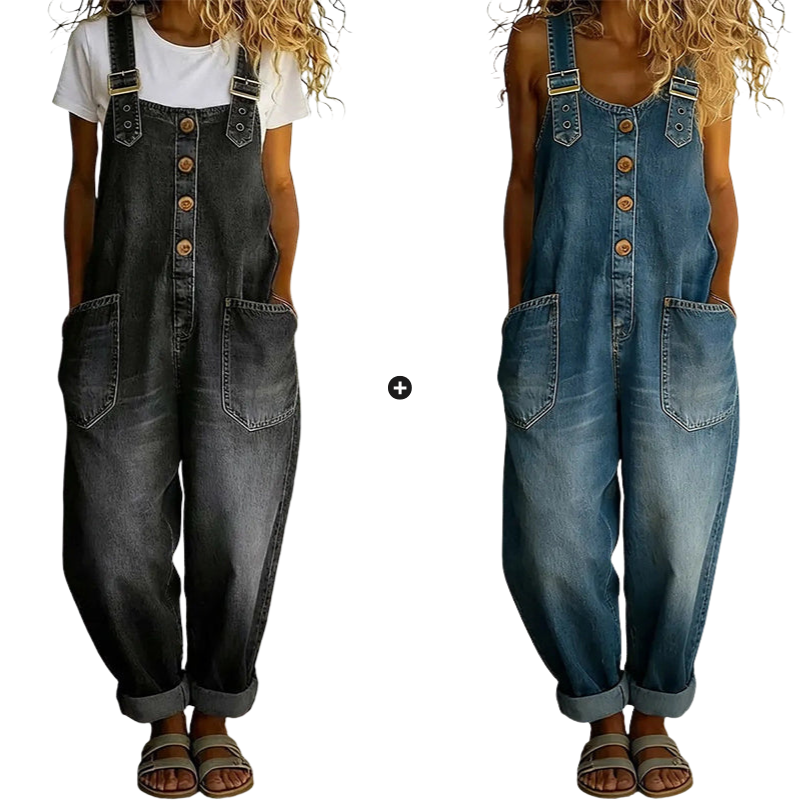 Loose-fitting denim dungarees for women with pockets