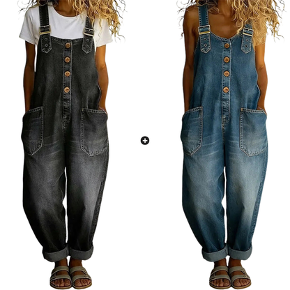 Loose-fitting denim dungarees for women with pockets
