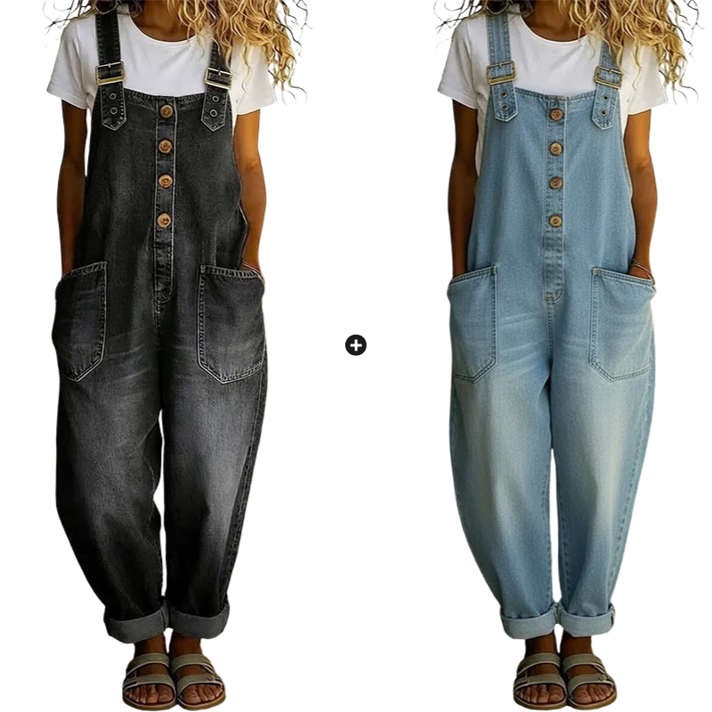 Loose-fitting denim dungarees for women with pockets