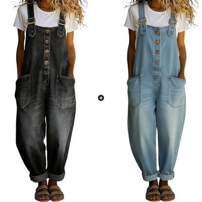 Loose-fitting denim dungarees for women with pockets