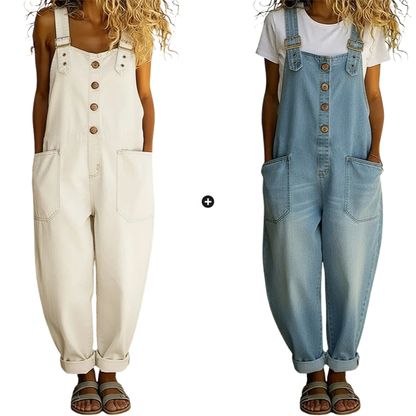 Loose-fitting denim dungarees for women with pockets