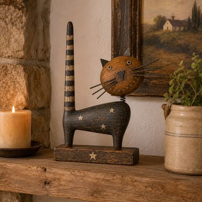 🐈Vintage Primitive Wooden Cat with Metal Accents