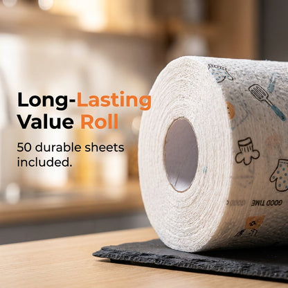 🔥 Roll of 50 reusable cleaning wipes – Wash, reuse and clean more for less 🌿